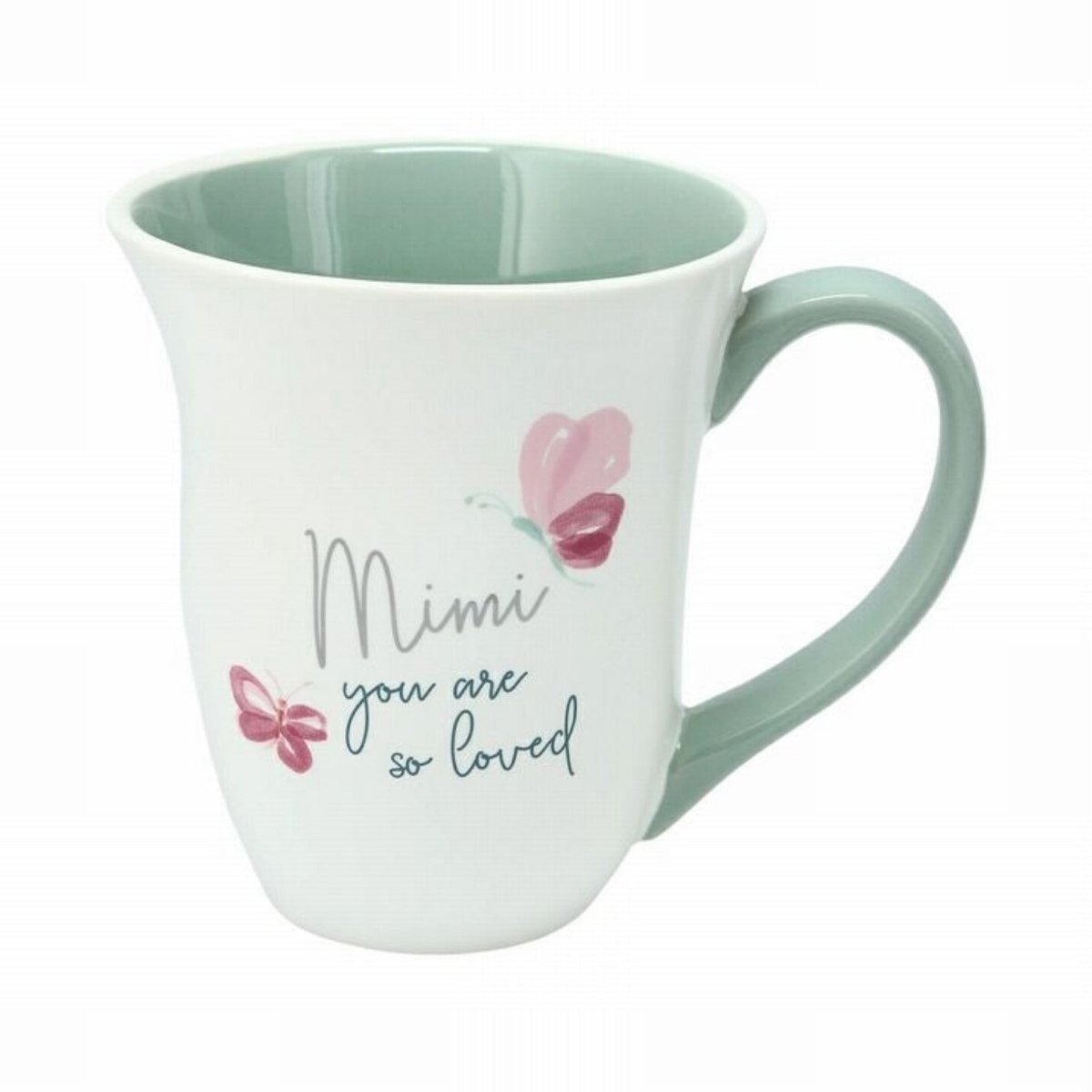 Mimi you are loved 16oz Mug. White with mint green mug. Pink butterflies on front. - Little Gift Nook