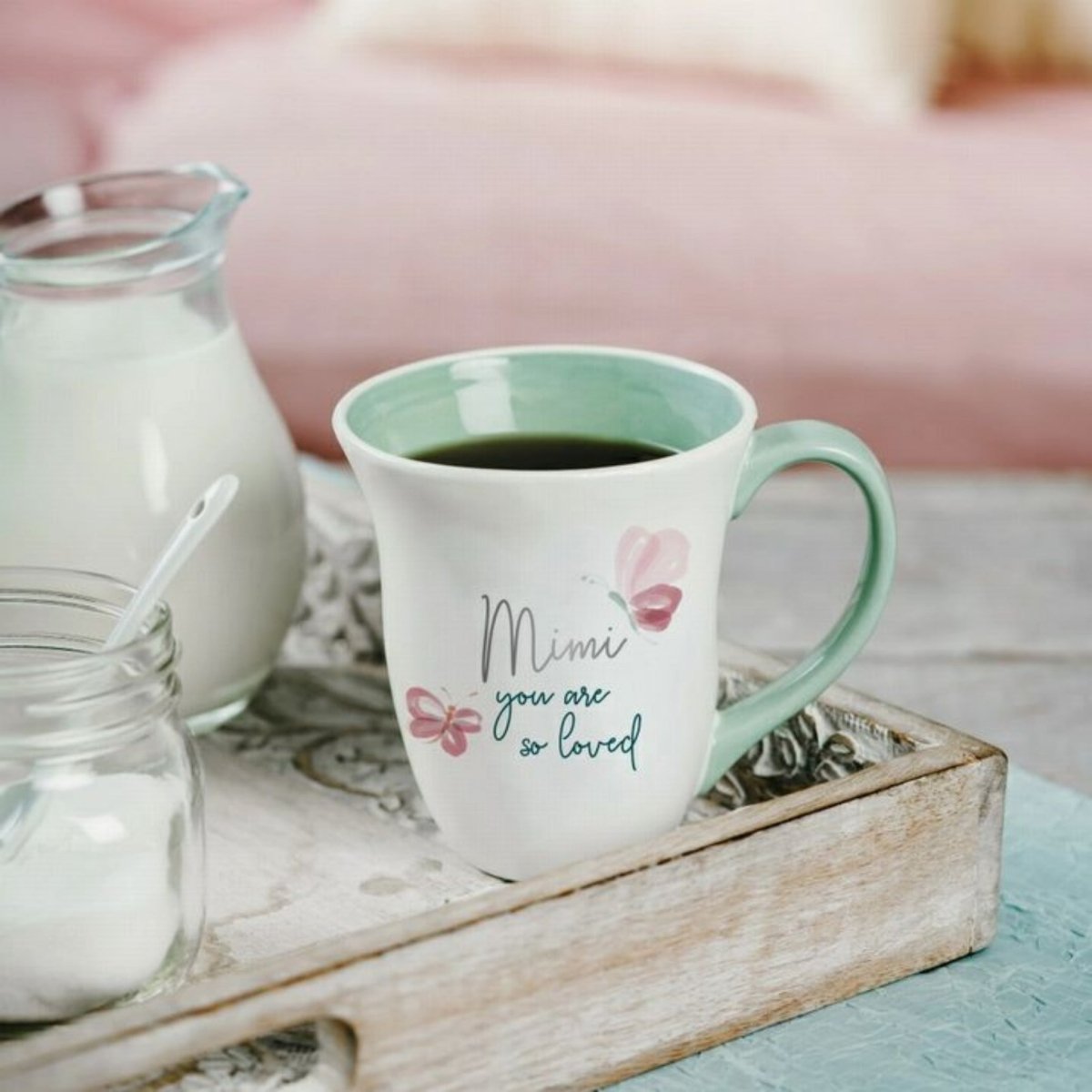 Mimi you are loved 16oz Mug. Pink butterflies on front and message with mint green interior and handle. - Little Gift Nook