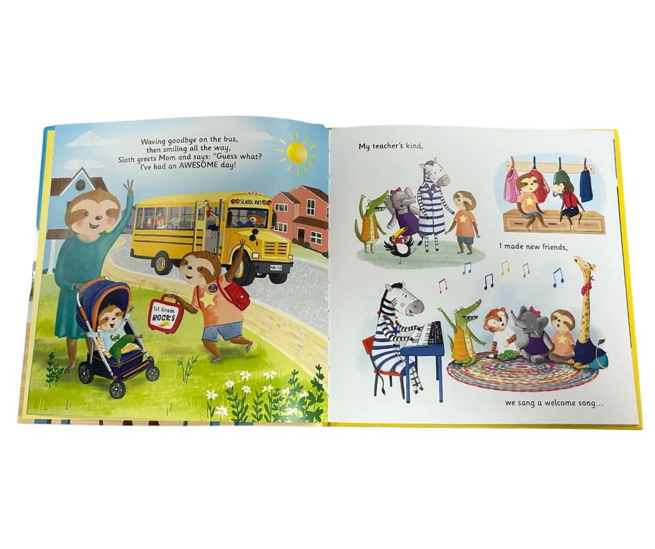 Inside My First Day of First Grade Book. Mom drops little sloth at schoolbus. Shows sloth's classroom and friends.- Little Gift Nook