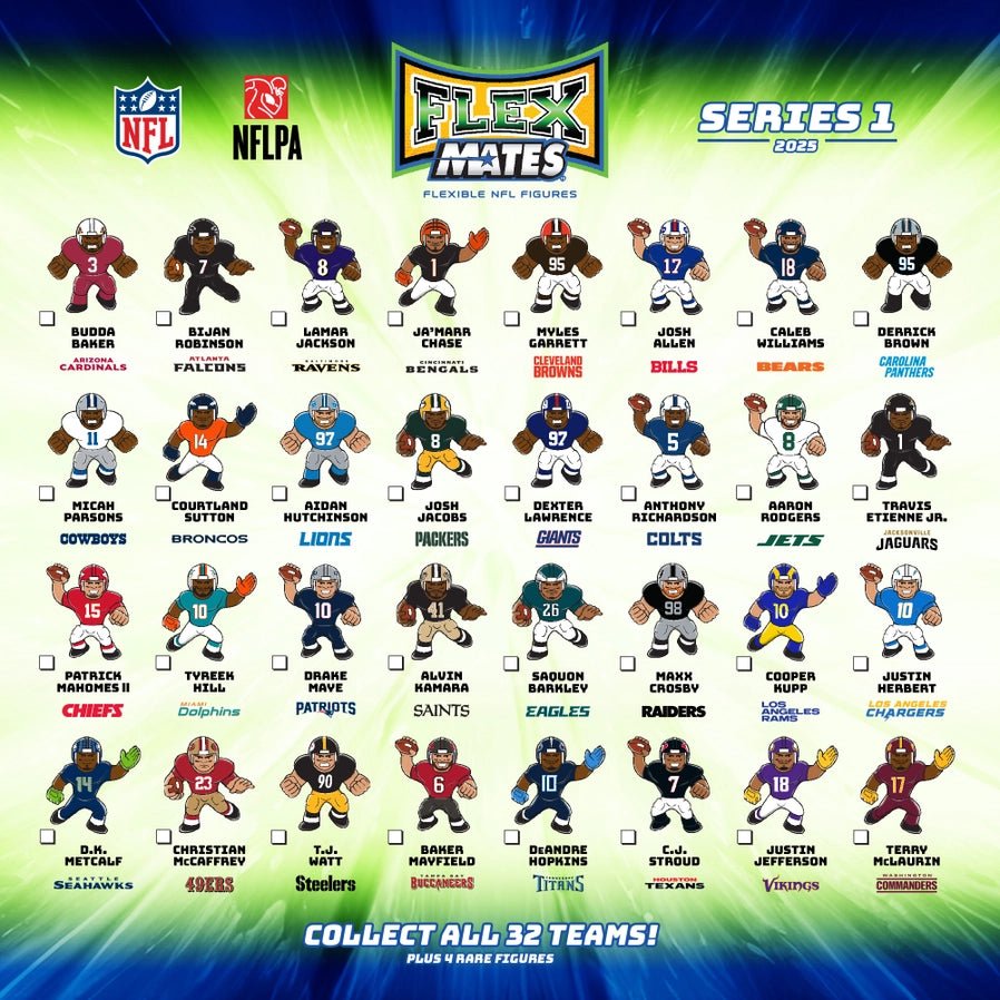 NFL 2025 FlexMates series 1 NEW mystery bag Football Players. Collect all 32 figures and 4 rare finds. Little Gift Nook
