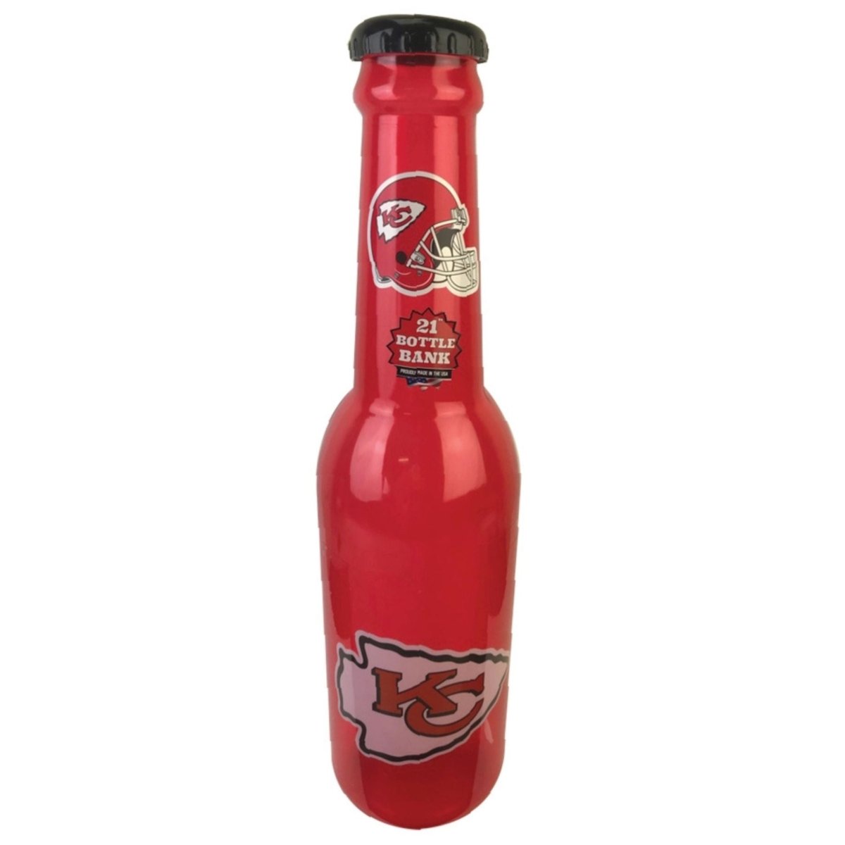 NFL Kansas City Chiefs Bottle Bank. Plastic 21" red bottle bank with KC Logo on front, helmet decal at top and black removable lid. - Little Gift Nook