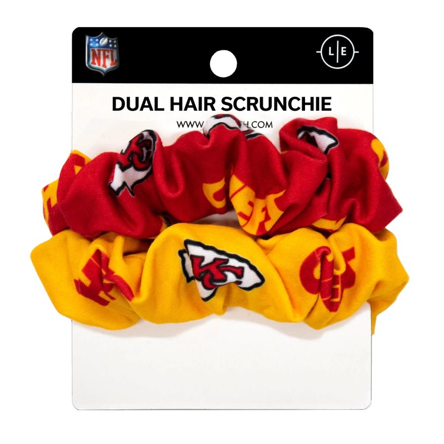 NFL Kansas City Chiefs Dual Scrunchies 2pk. One red with yellow logo and Chiefs pattern. One yellow with logo and red Chiefs print. - Little Gift Nook