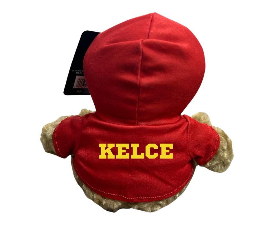 NFL Kansas City Chiefs 9" Rally Man Hoodie Teddy Bear. Personalized with Kelce in yellow on back of hoodie and number 87 on foot. - Little Gift Nook