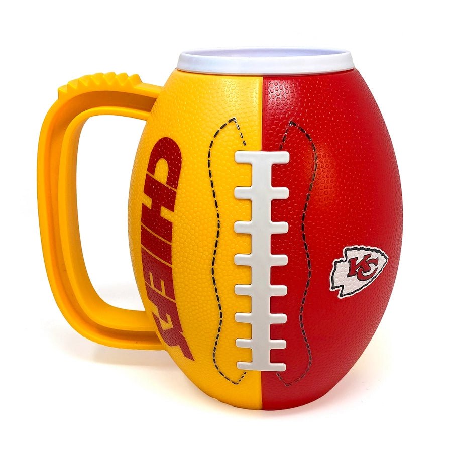 NFL Kansas City Chiefs Mug. Red & Yellow 24 oz mug with football stitches on front and logo along with Chiefs. - Little Gift Nook