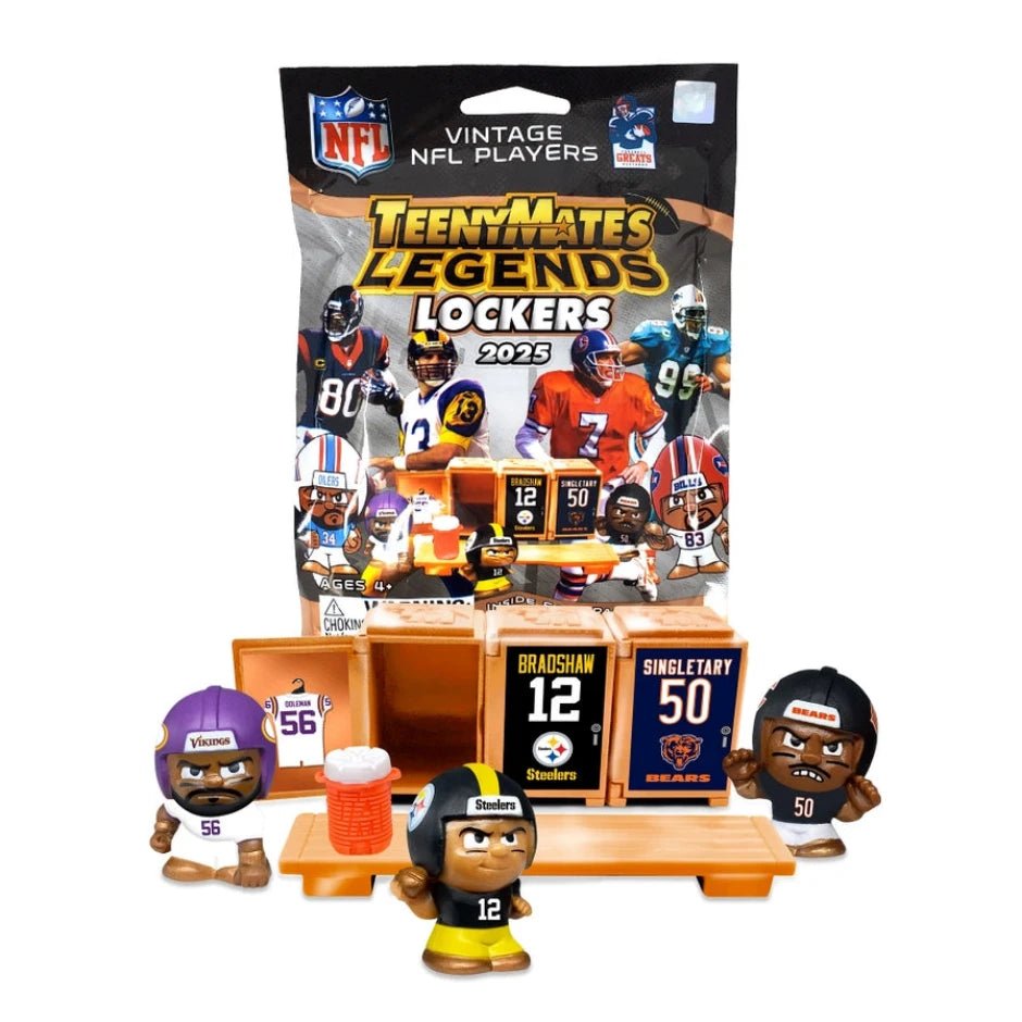 NFL Teenymates Legend Lockers 2025 - Mystery Blind Bag contains 3 random teenymate players, 3 locks, 3 sets of decals from teams of those players. Also includes 1 bench and water bottle. Lockets stack and connect. Little Gift Nook