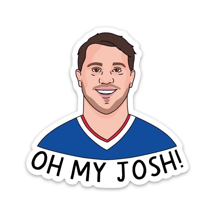 Oh My Josh Josh Allen Buffalo Bills Magnet 3". Shows cartoon Josh in blue jersey with OH MY JOSH written in black lettering on bottom of magnet. - Little Gift Nook
