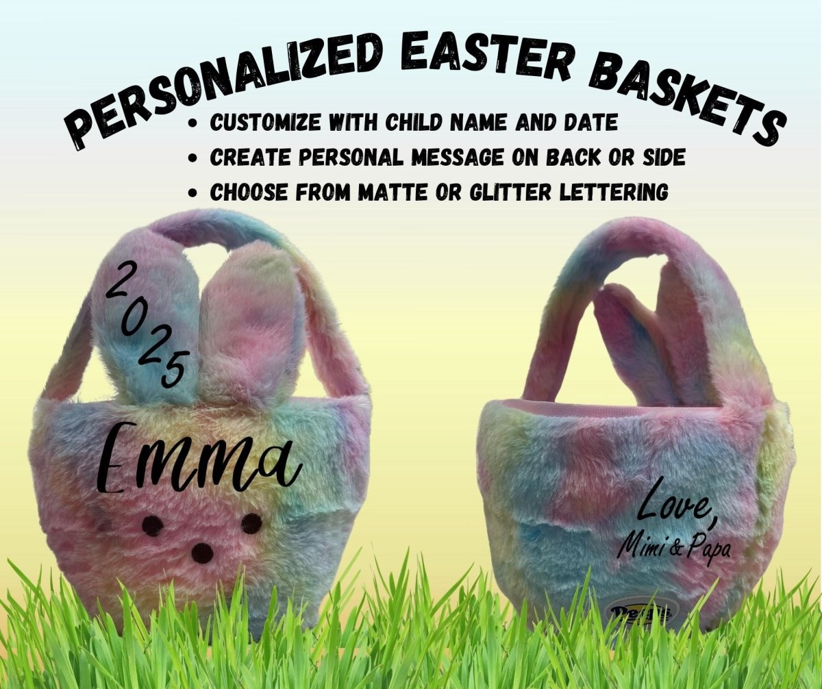 Personalize Peep Easter Basket with child name, date, and message on back. Pink blue yellow and green pastel tie dye color fluffy soft easter basket with bunny face on front, ears pop up in front, and has handle. Little Gift Nook.