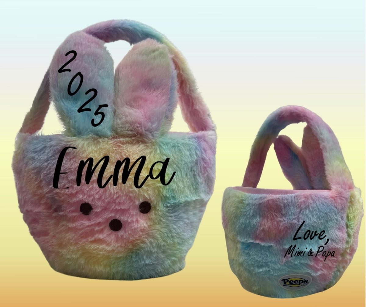 Shows Personalized pastel tie dye Easter Basket. Shows front with child's name and date on ear. Use matte or glitter lettering. Little Gift Nook.
