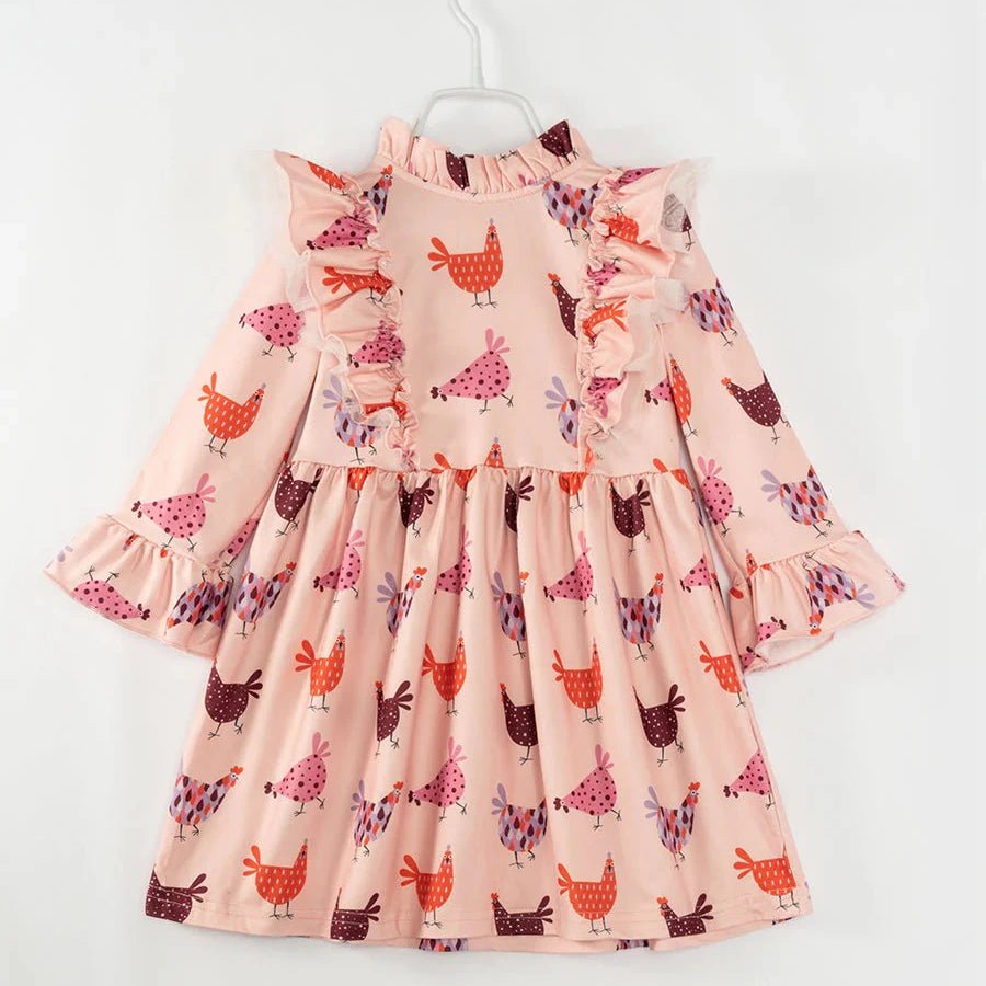 Pretty in Pink Hen Chicken Girls Dress. Pink dress with purple, pink and orange chickens and hens on front. Ruffle accents and bell sleeves. - Little Gift Nook