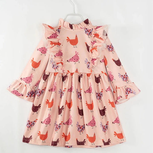 Pretty in Pink Hen Chicken Girls Dress. Pink dress with purple, pink and orange chickens and hens on front.  Ruffle accents and bell sleeves. - Little Gift Nook