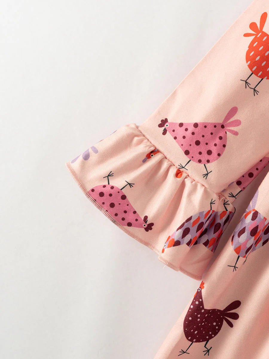 Pink Hen Chicken Girls Dress with bell sleeves. Little Gift Nook.