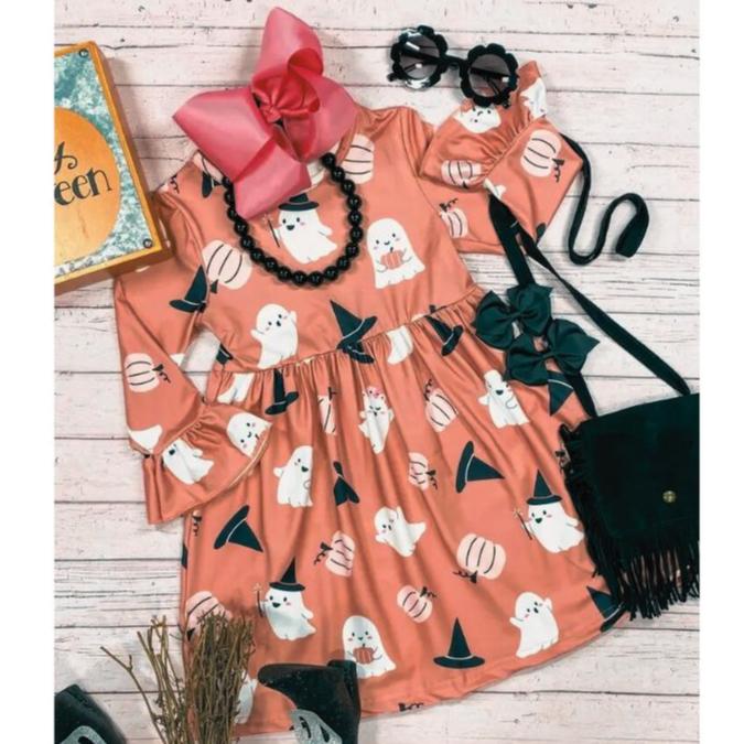Pink Silly Ghosts Witch Twirl Dress. Pink bell sleeved dress with white ghost and black witch hat print. - Little Gift Nook