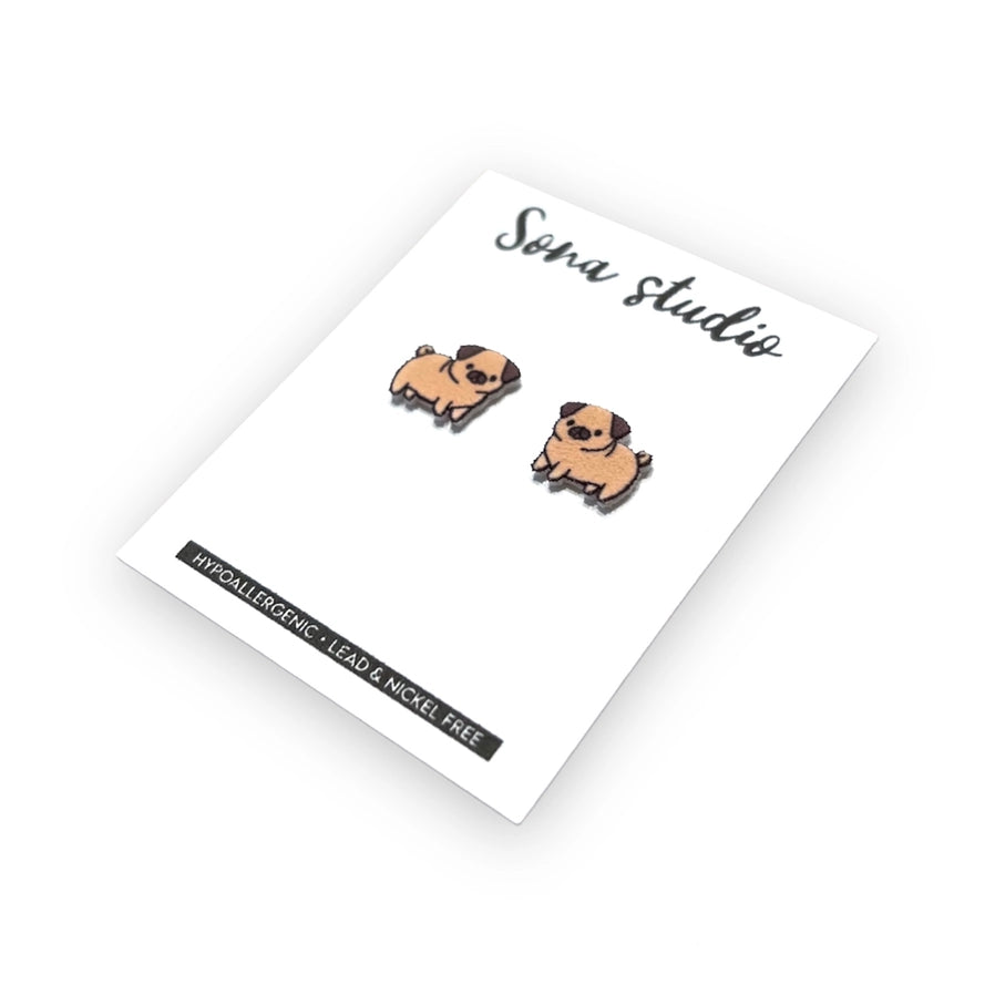 Pug Puppy Earrings. come on a little card. Stainless steel earrings that are nickle free. Butterfly backings. - Little Gift Nook