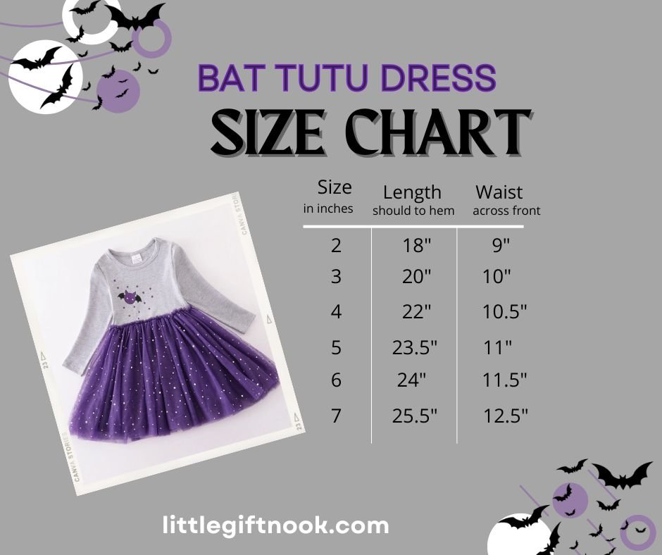 Purple Halloween Bat Applique Tutu Dress size chart. - Little Gift Nook