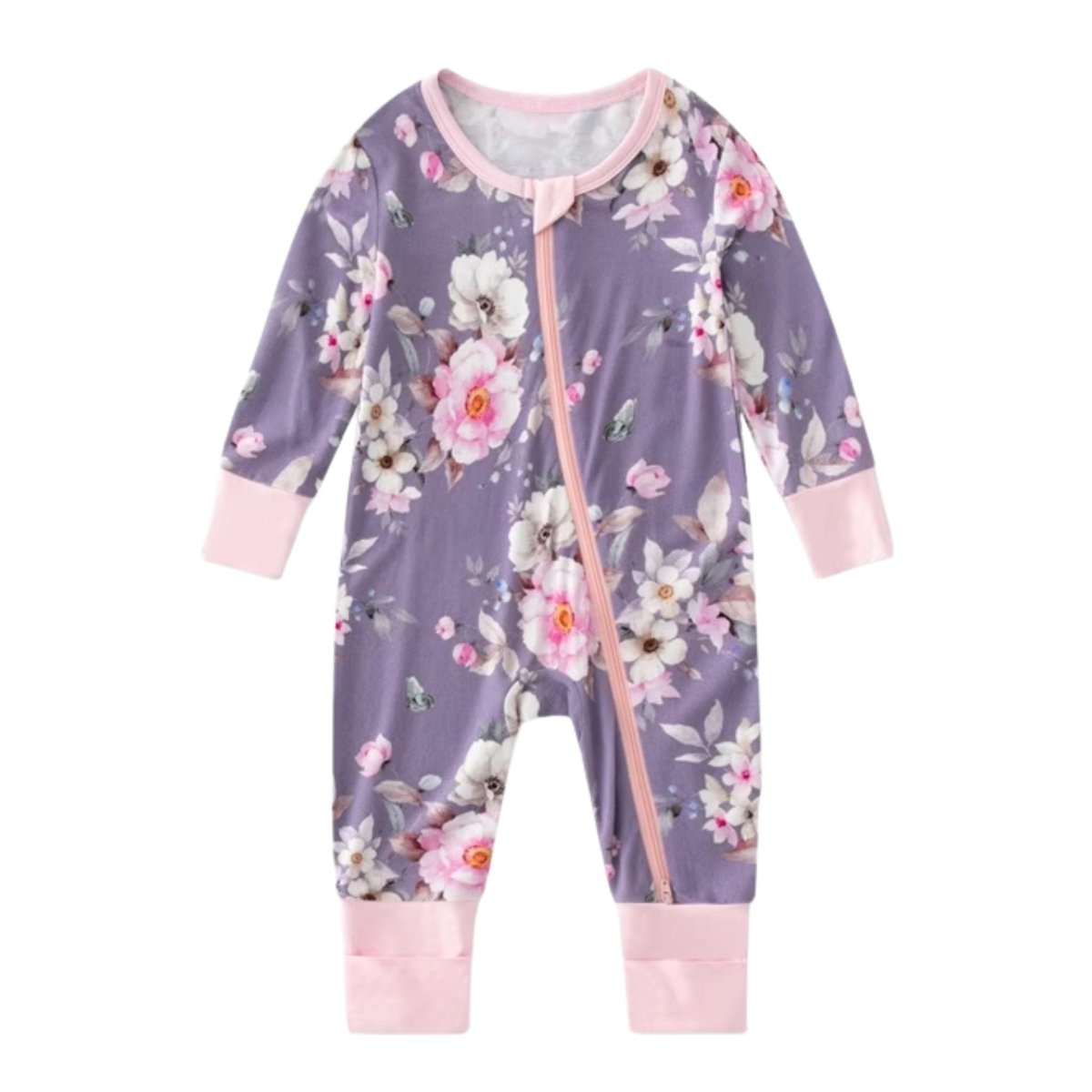 Purple Floral Bamboo Baby Sleeper with fold over hands & feet. Lavender pink and white floral print, double zippers, and cuff over hands and feet. Stretch. - Little Gift Nook