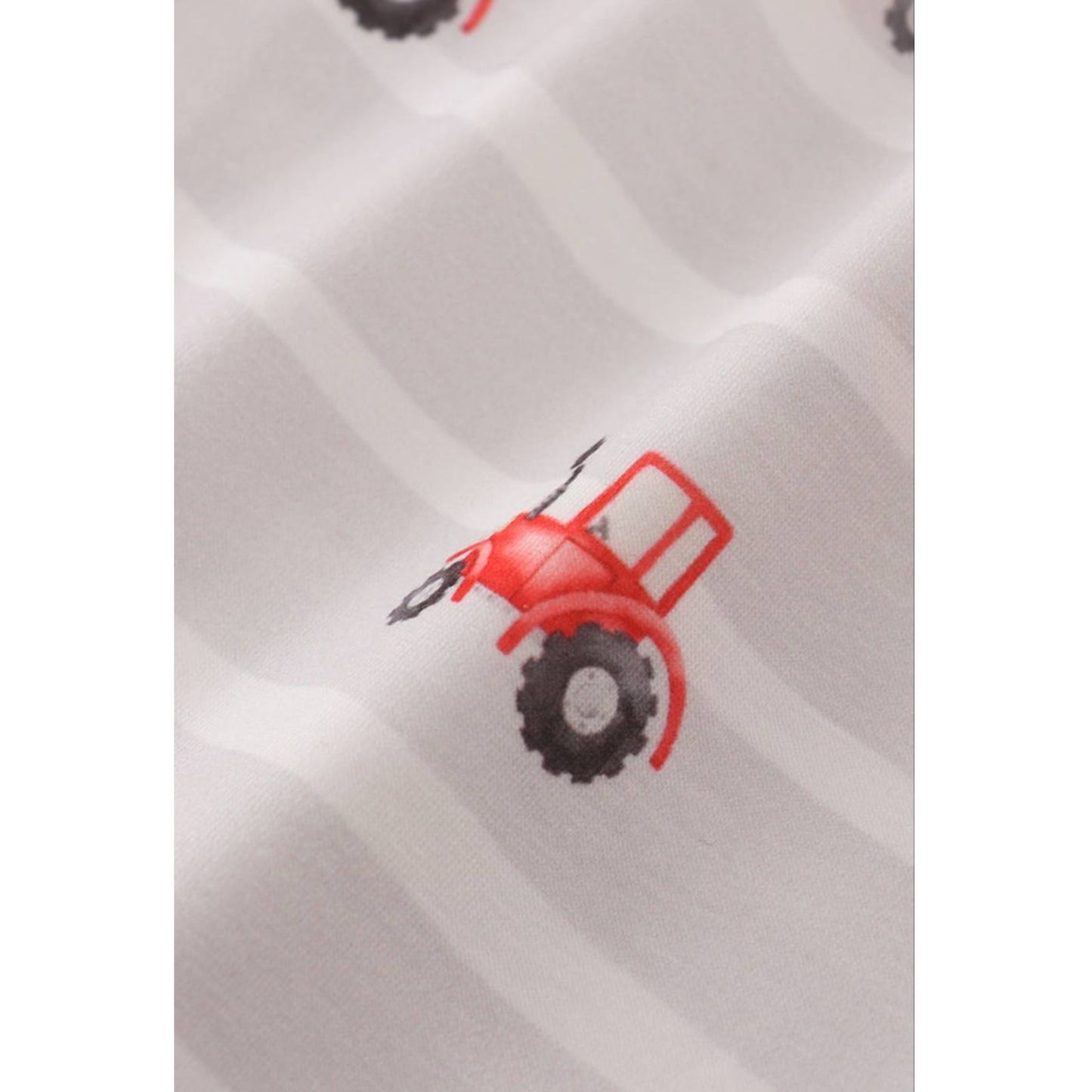 Close up of Red Tractor Embroidered Ruffle Sundress - gray white striped flutter sleeve sundress with red tractors cotton print dress, stretch, pull on - Little Gift Nook