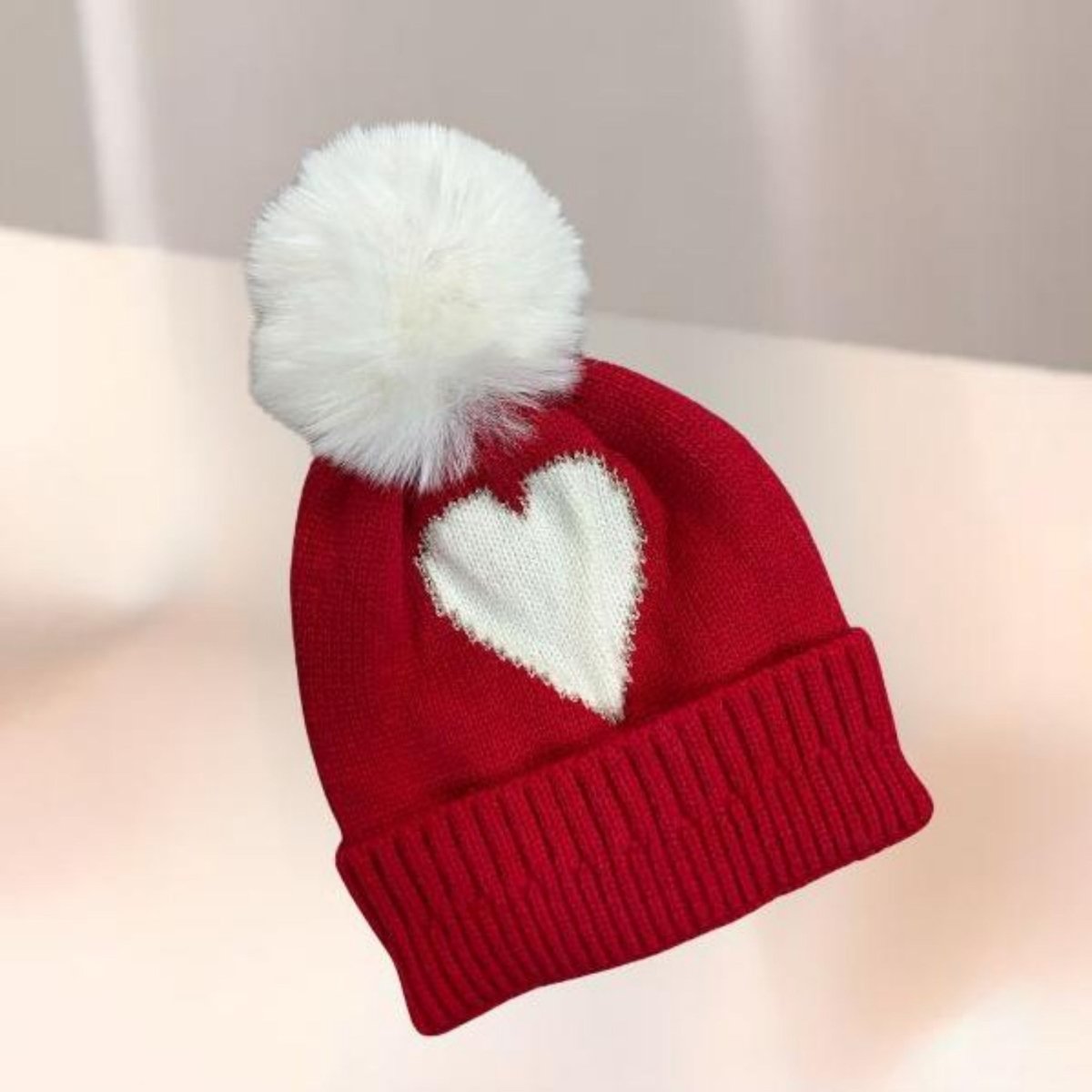 Red White Sparkle Heart Pom Pom Hat. Fits babies 0-6 months. Hat layed flat. Little Gift Nook.