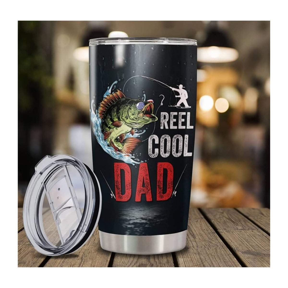 Reel Cool Dad 20oz Tumbler - Stainless Steel Travel Mug with fish with no spill slider suction lid. Little Gift Nook