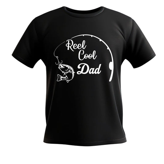 Reel Cool Dad & Grandpa T-Shirts - Black soft cotton tshirt with white Reel Cool Dad and fishing line & bass on front - Little Gift Nook