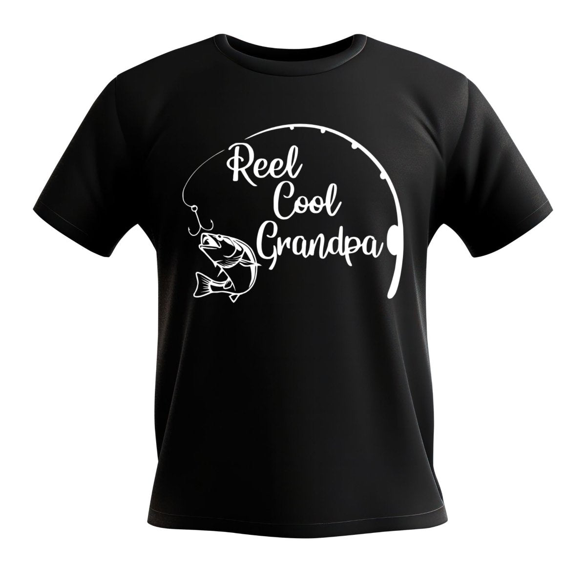 Reel Cool Dad & Grandpa T-Shirts - Black soft cotton tshirt with white Reel Cool Grandpa and fishing line & bass on front - Little Gift Nook