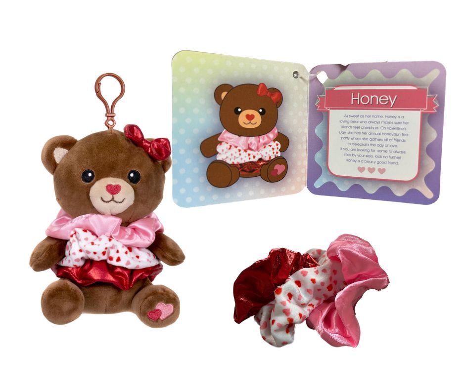 Scrunch Bunch Bear Hairtie Holder Plush. Comes with 3 scrunched hair ties & clip to hang on bag! Little Gift Nook.