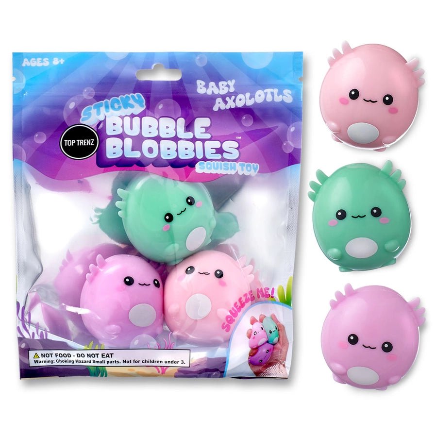 Sticky Bubble Blobbies Baby Axolotls. 3 pk. Sticky & walk down walls. 3 colors. Squishy sensory toys. in Package. Little Gift Nook.
