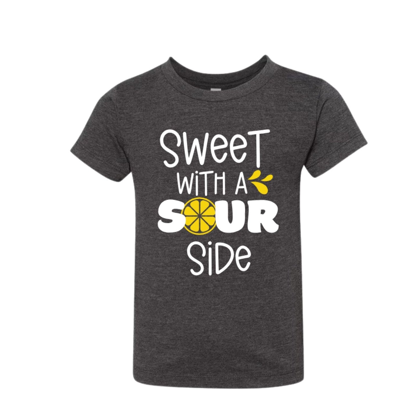 Sweet with a Sour Side lemons Shirt. Poly/Cotton Toddler soft short sleeve tshirts with white lettering on front and yellow lemon.- Little Gift Nook