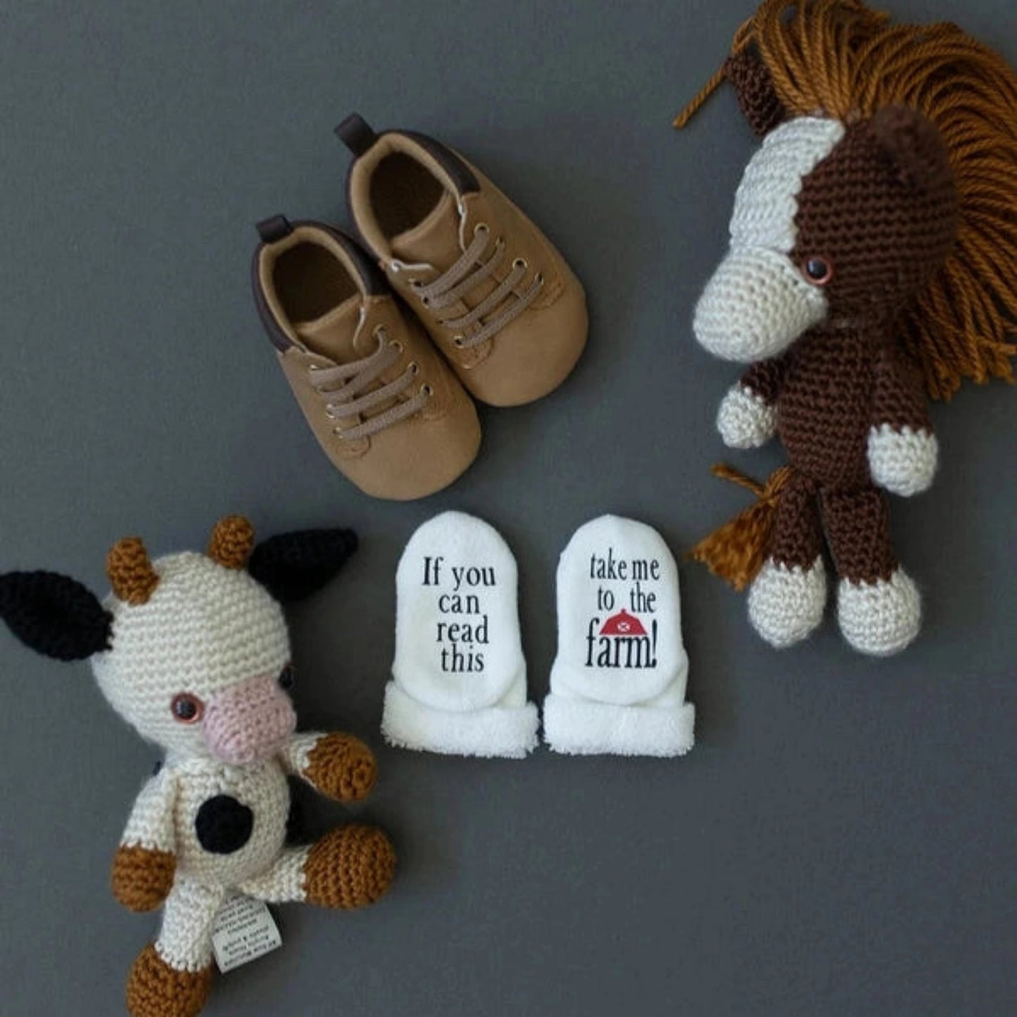 baby socks ~ Take Me To the Farm written on bottoms - Little Gift Nook