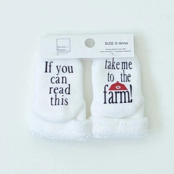 white soft terry baby socks with Take Me To the Farm Baby Socks written on the bottoms. 2 sizes. - Little Gift Nook