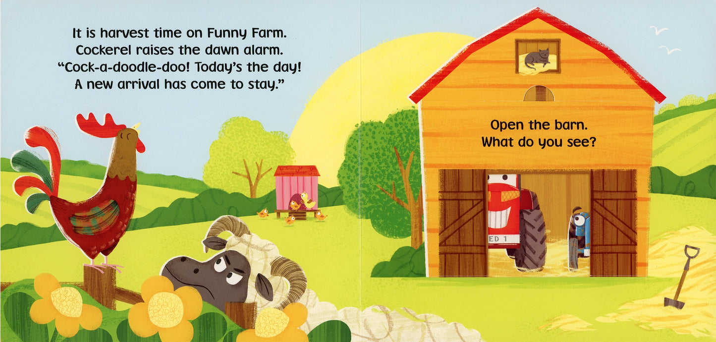 Funny Farm: Tractor Lift-the-Flap Board Book - Harvest time on the farm, cockerel raises the dawn alarm. Open the barn. What do you see? lift flap pages - Little Gift Nook