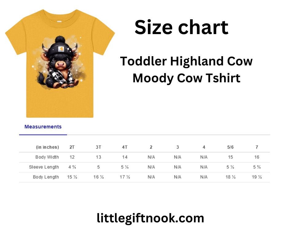 Toddler Highland Cow Moody Cow Tshirt in golden yellow. Short sleeve. Size chart for shirt. Little Gift Nook.