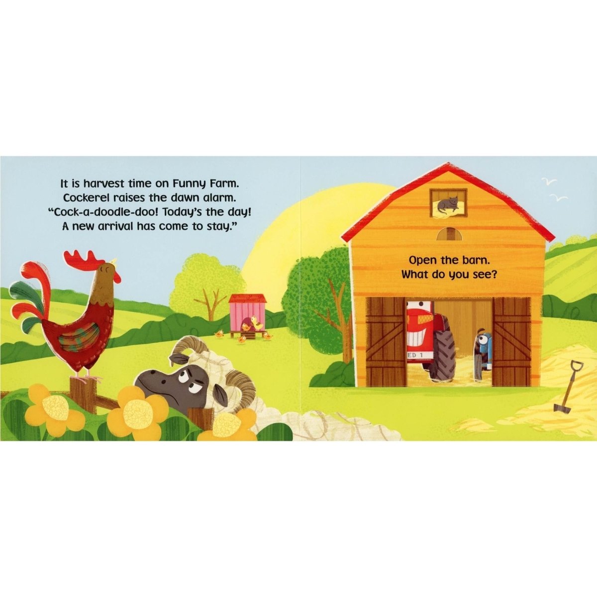 Funny Farm: Tractor Lift-the-Flap Board Book - Harvest time on the farm, cockerel raises the dawn alarm. Open the barn. What do you see? lift flap pages - Little Gift Nook