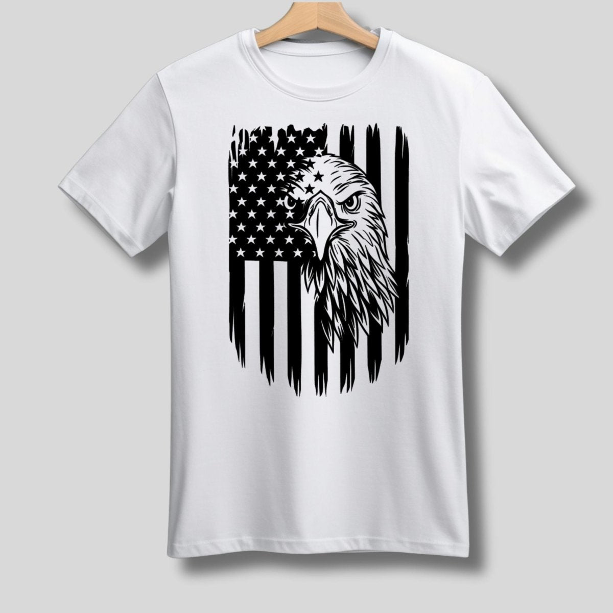 Adult Patriotic Eagle USA Flag Shirts - white short sleeve tshirt with black flag & eagle combined image on front in black. Little Gift Nook
