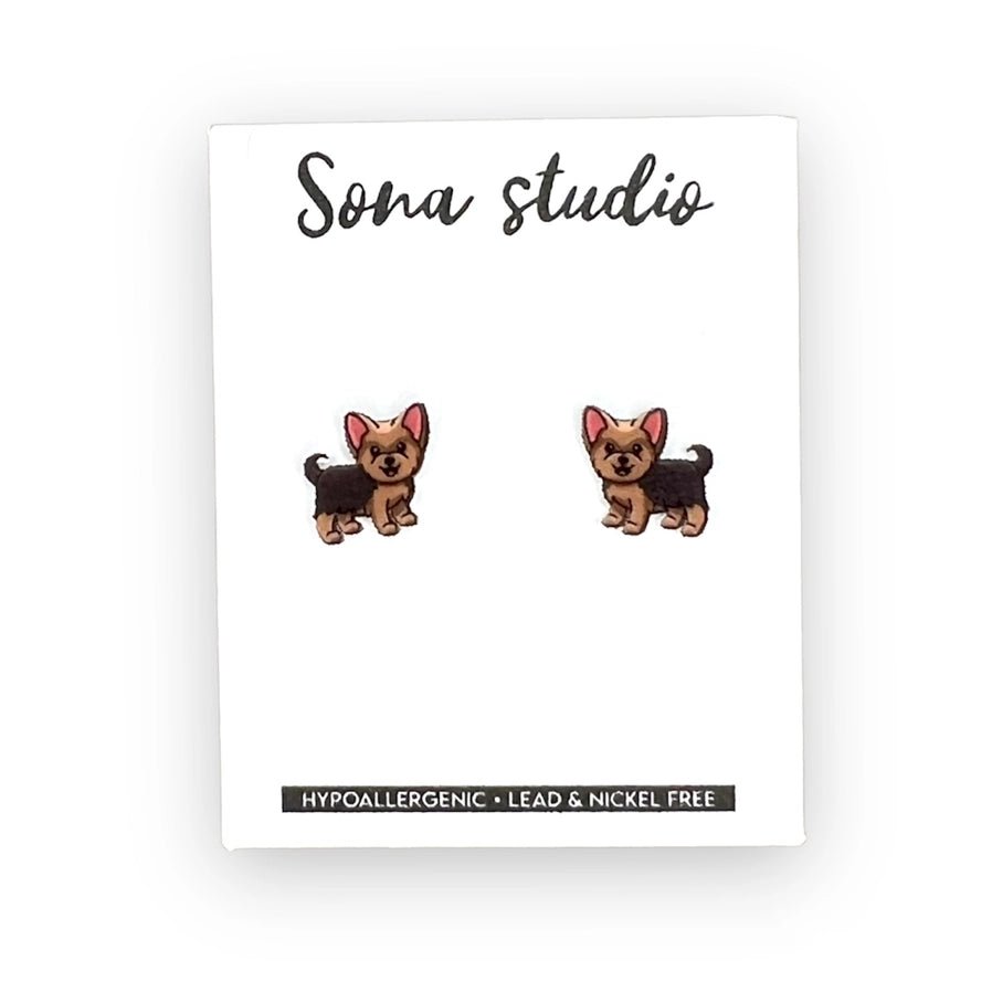 Yorkie Puppy Earrings. Nickle Free stainless steel. Post butterfly backing. - Little Gift Nook
