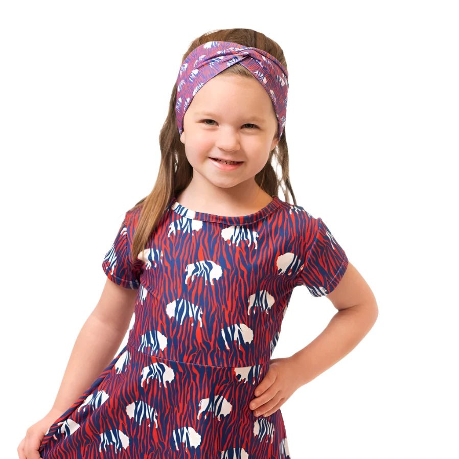 Zubaz Girls Buffalo Headband that matches our dresses! Red with white buffalo's and navy zebra zubaz print. - Little Gift Nook