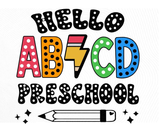 Colorful ABCD with pencil lightning bolt image and bubble letter text "HELLO PRESCHOOL" digital image. Little Gift Nook