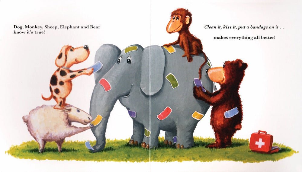 reusable All Better sticker banadages board book page with monkey's dog, sheep, and bear putting bandages on elephant.