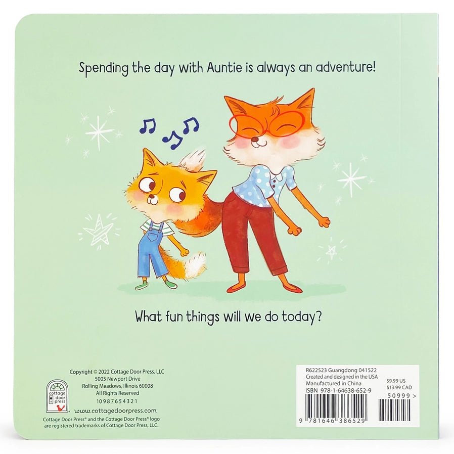 Back cover of Auntie and Me board book 2 foxes dancing.