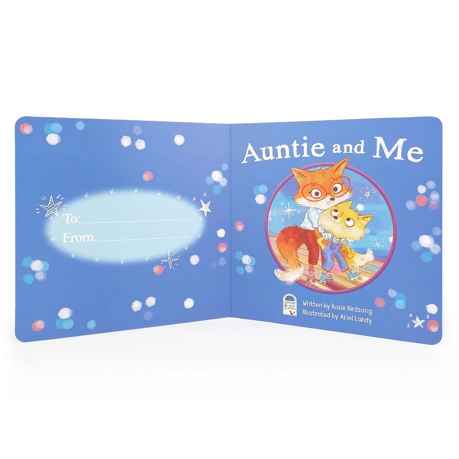 Auntie and Me children's board book with to and from in front cover.