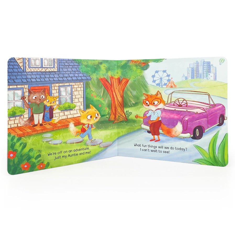 Inside Auntie and Me board book 2 fox trip in car.