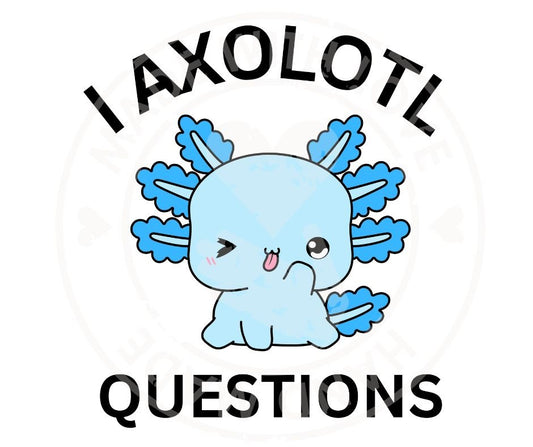 Cartoon blue axolotl questions funny pun image with watermark on white background. Little Gift Nook