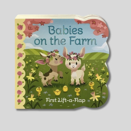 Book cover of 'Babies on the Farm' with two baby animals and chicks on a green field. Little Gift Nook