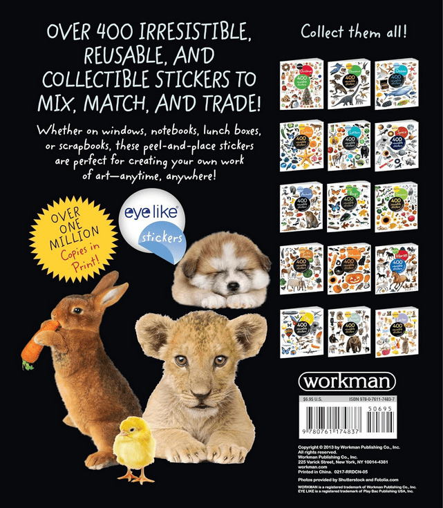 Back cover of a sticker book with animals and promotional text on a black background.
