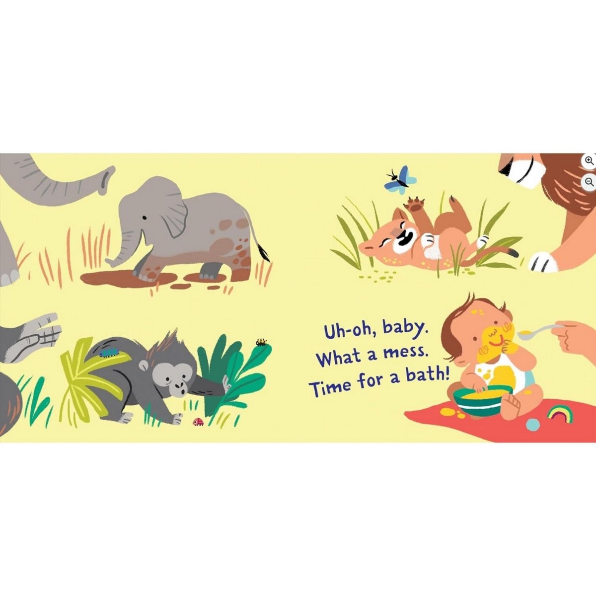 Indestructible It's Bath Time Book soft chew proof rip proof book for baby baby elephant monkey lion and human baby getting dirty - Little Gift Nook