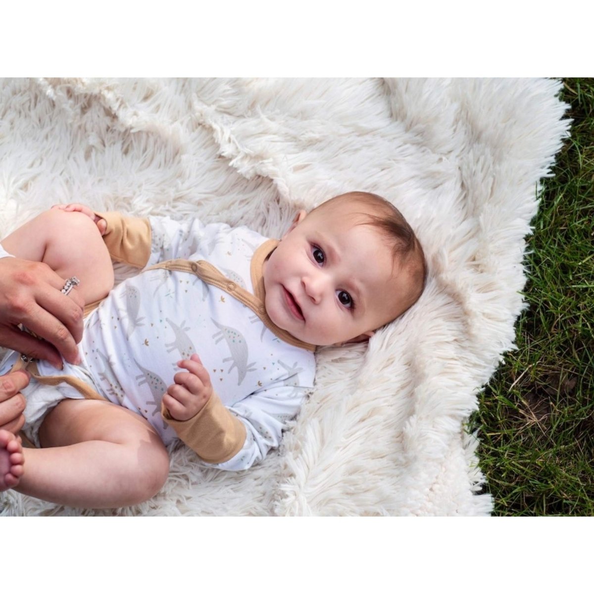 Baby wearing Shoulder Snap Long Sleeved Onesie for Baby- Ari Aardvark print. Has double snaps to grow with baby. - Little Gift Nook