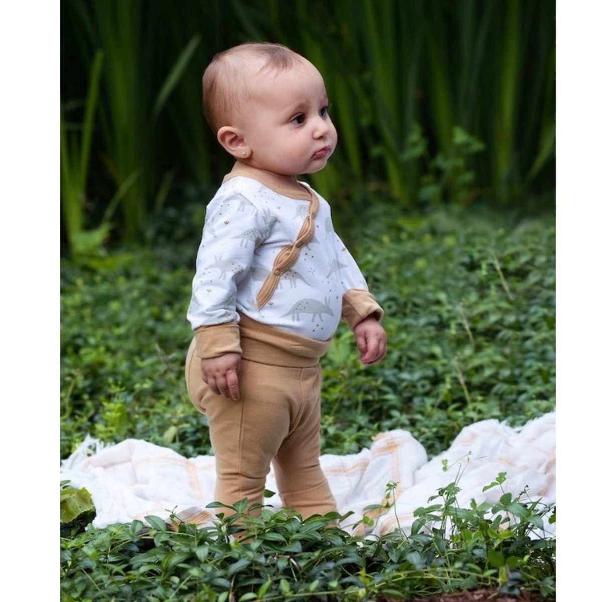 Baby wearing Shoulder Snap Long Sleeved Onesie for Baby- Ari Aardvark print. Cross snap onesie with double snaps for growth. - Little Gift Nook