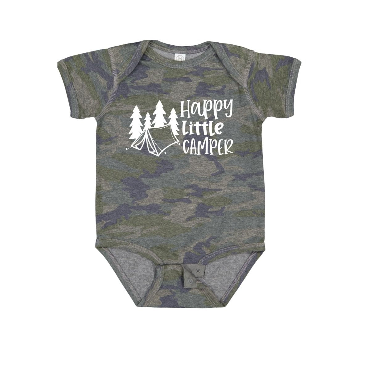 Camo “Happy Little Camper” Baby Onesie - green navy pattern camo onesie with white lettering and tent trees on front - Little Gift Nook