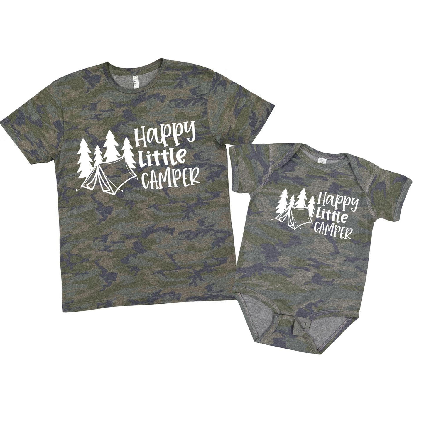 Camo “Happy Little Camper” Baby Onesie or Toddler T-Shirt - green navy camo print short sleeve tshirts and onesies with white lettering and tent trees on front - Little Gift Nook