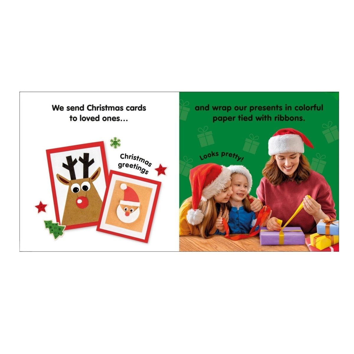 inside "Baby's First Christmas" soft board book with Christmas cards and wrapping gifts on white background.