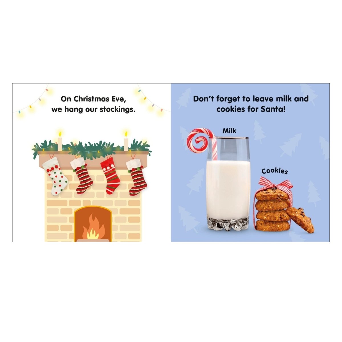 inside "Baby's First Christmas" soft board book with Christmas cookies and stockings on white background.